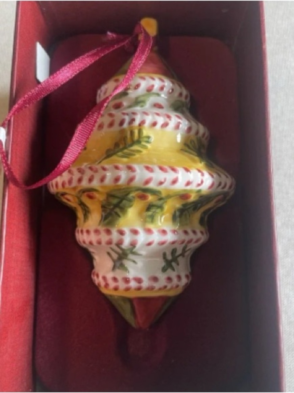 Yellow Ceramic Holiday Tree Ornament with Green Accents